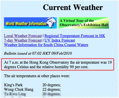 Klimadaten Hong Kong 9.2.2010, 7:00 Uhr
